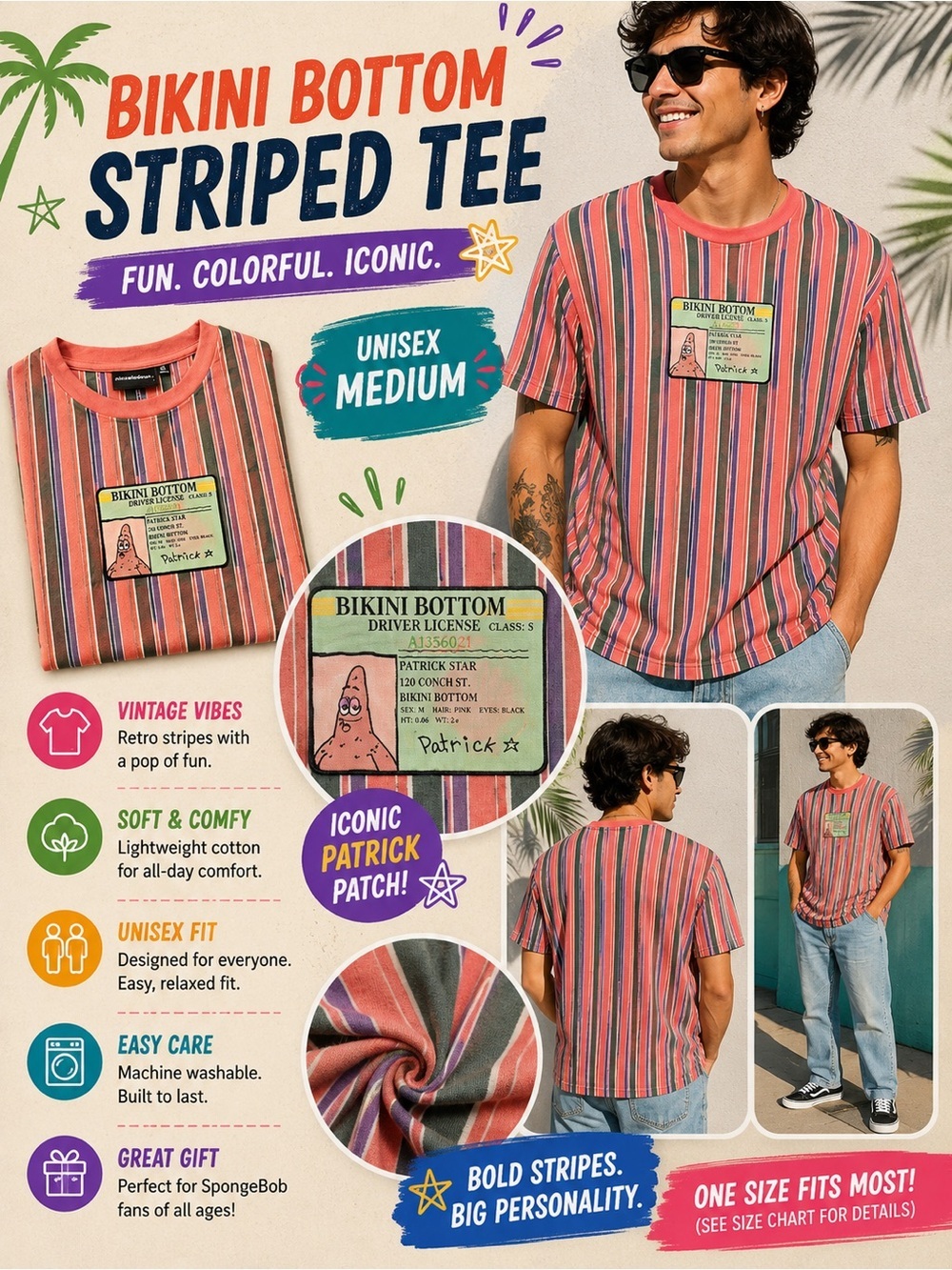 Nickelodeon Coral and Blue Striped Patrick Patch Tee MEDIUM